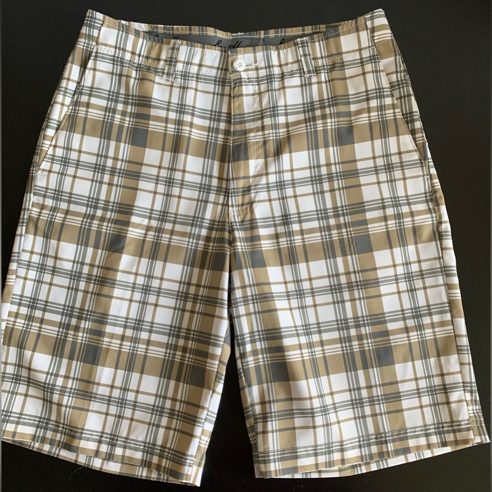 Ben Hogan PLAID GOLF SHORTS Men's Size 30 White Brown Gray EUC